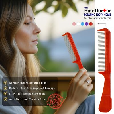 The Hair Doctor Handle Comb with Silky Smooth Rotating Teeth Reduces Breakage and Loss (30 Stainless Teeth, Red)