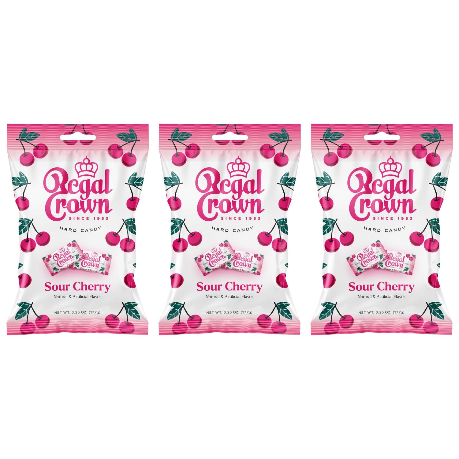 Regal Crown Sour Cherry Candy Traditional Sour Cherries Candy Tart and Tangy Old Fashioned Sour Cherry Hard Candy Brought To You By Iconic Candy 6.25oz Peg Bag (3)