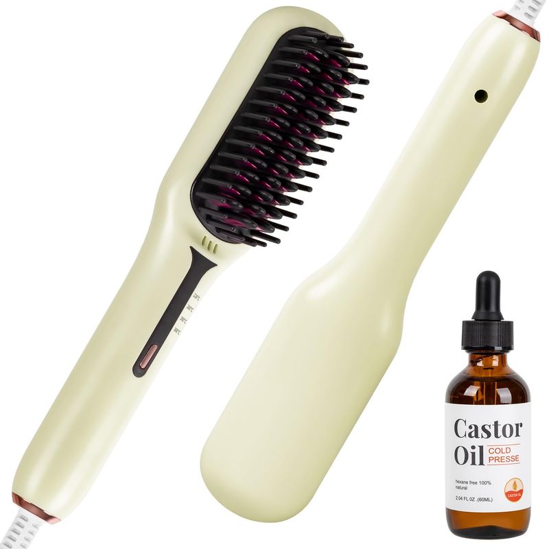 Hair Straightener Brush, Flat Iron Comb with 2oz Castor Oil for Hair, Yellow