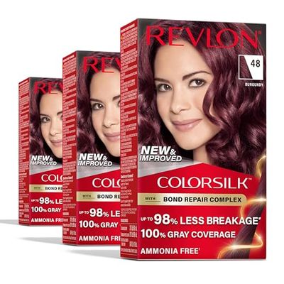 Revlon ColorSilk with Bond Repair Complex, Burgundy Permanent Hair Color, 100 Gray Coverage, Ammonia Free Hair Dye, Vegan Keratin, 48 Burgundy (Pack of 3)