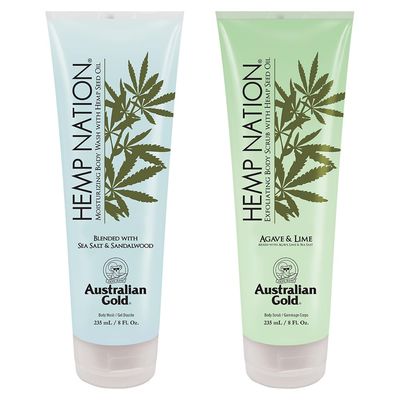 Australian Gold Hemp Nation Shower Bundle - Sea Salt Sandalwood Body Wash (8 Fl Oz) and Agave Lime Body Scrub (8 Fl Oz), Moisturizing Wash and Exfoliating Scrub, Pure Hemp Seed Oil