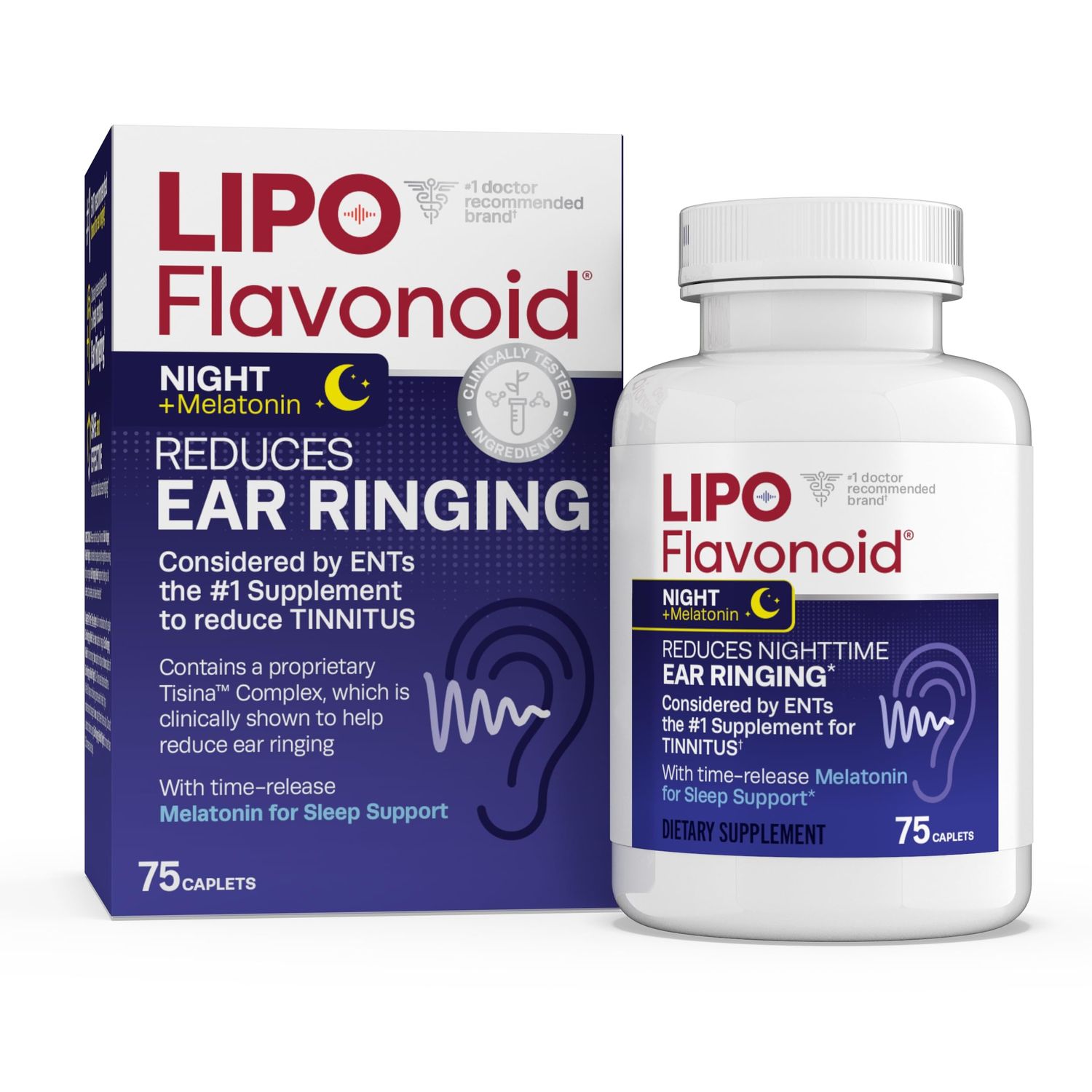 Lipo Flavonoid Plus, Nighttime PM Tinnitus Relief for Ringing Ears with Melatonin for Sleep Support, Ear Health Vitamins with Bioflavonoids Vitamin C, 75 Caplets
