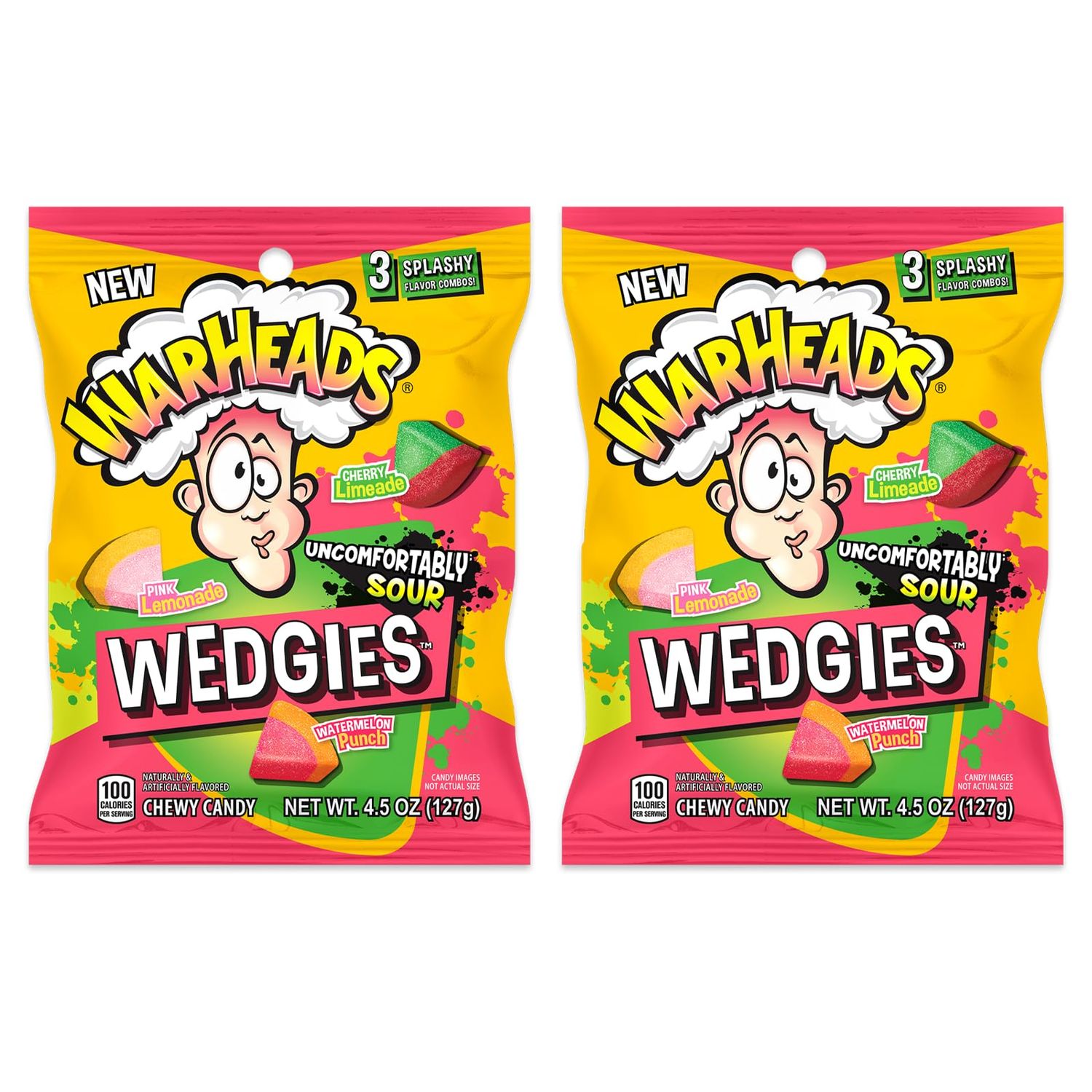 WARHEADS Wedgies - Sour Chewy Candy - Pink Lemonade, Cherry Limeade Watermelon Punch Flavors - 4.5 oz. Bags - 2 Pack