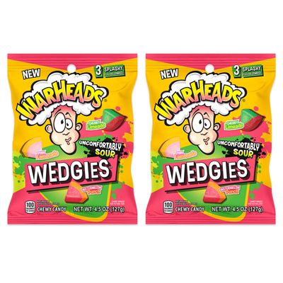 WARHEADS Wedgies - Sour Chewy Candy - Pink Lemonade, Cherry Limeade Watermelon Punch Flavors - 4.5 oz. Bags - 2 Pack