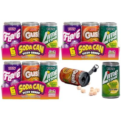 18 Kidsmania Mini Soda Can Fizzy Candy, 1.48 oz, Goody Bag Filler - Party Favor - 4 Assorted Flavors! (3 Packs of 6 Cans)