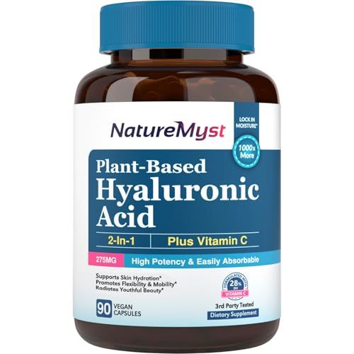 NatureMyst Hyaluronic Acid Supplement, with Vitamin C, 250mg Plant-Based HA, 90 Vegan Caps, for Skin Eyes, Collagen Production, Easily Absorbable