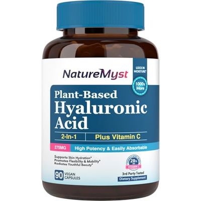 NatureMyst Hyaluronic Acid Supplement, with Vitamin C, 250mg Plant-Based HA, 90 Vegan Caps, for Skin Eyes, Collagen Production, Easily Absorbable