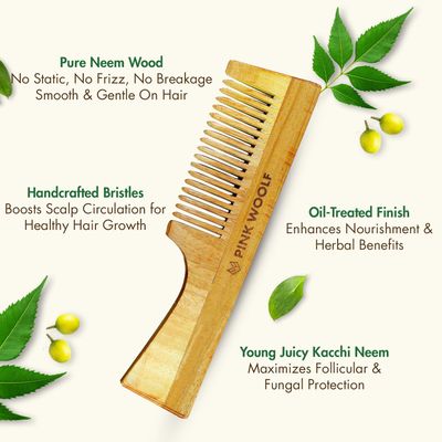 Pink Woolf Neem Wood Comb (WITH HANDLE) Women Men Natural Eco Friendly Wide Tooth Styling Comb for All Hair Types Made in India