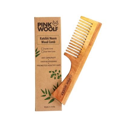Pink Woolf Neem Wood Comb (WITH HANDLE) Women Men Natural Eco Friendly Wide Tooth Styling Comb for All Hair Types Made in India