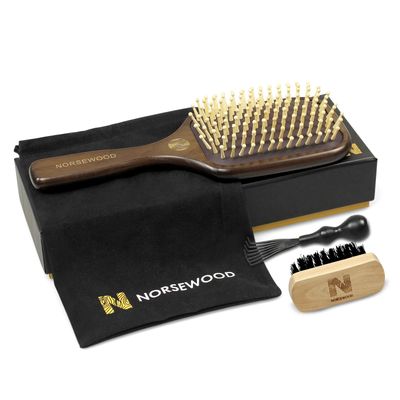 Norsewood 100 Natural Wood Hairbrush for Massaging Scalp,for Most Hair Types, Wooden Bristle for Reducing Damage, Scalp Massager Perfect for Women, Men Kids
