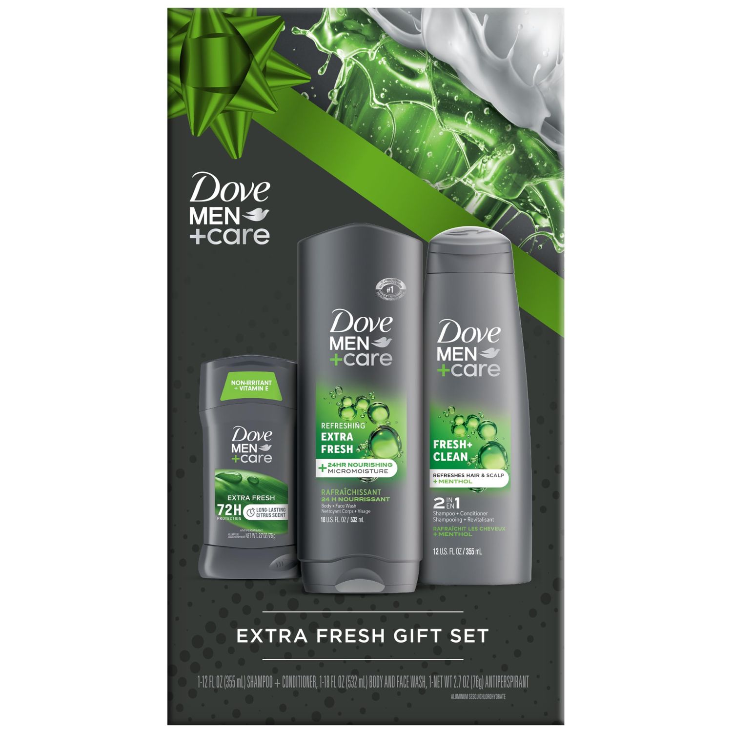 Dove Men Care Bundle -Extra Fresh Body Wash 72H Deodorant Fresh Clean 2-in-1 Shampoo and Conditioner, Citrus Scent (3 Piece Set)