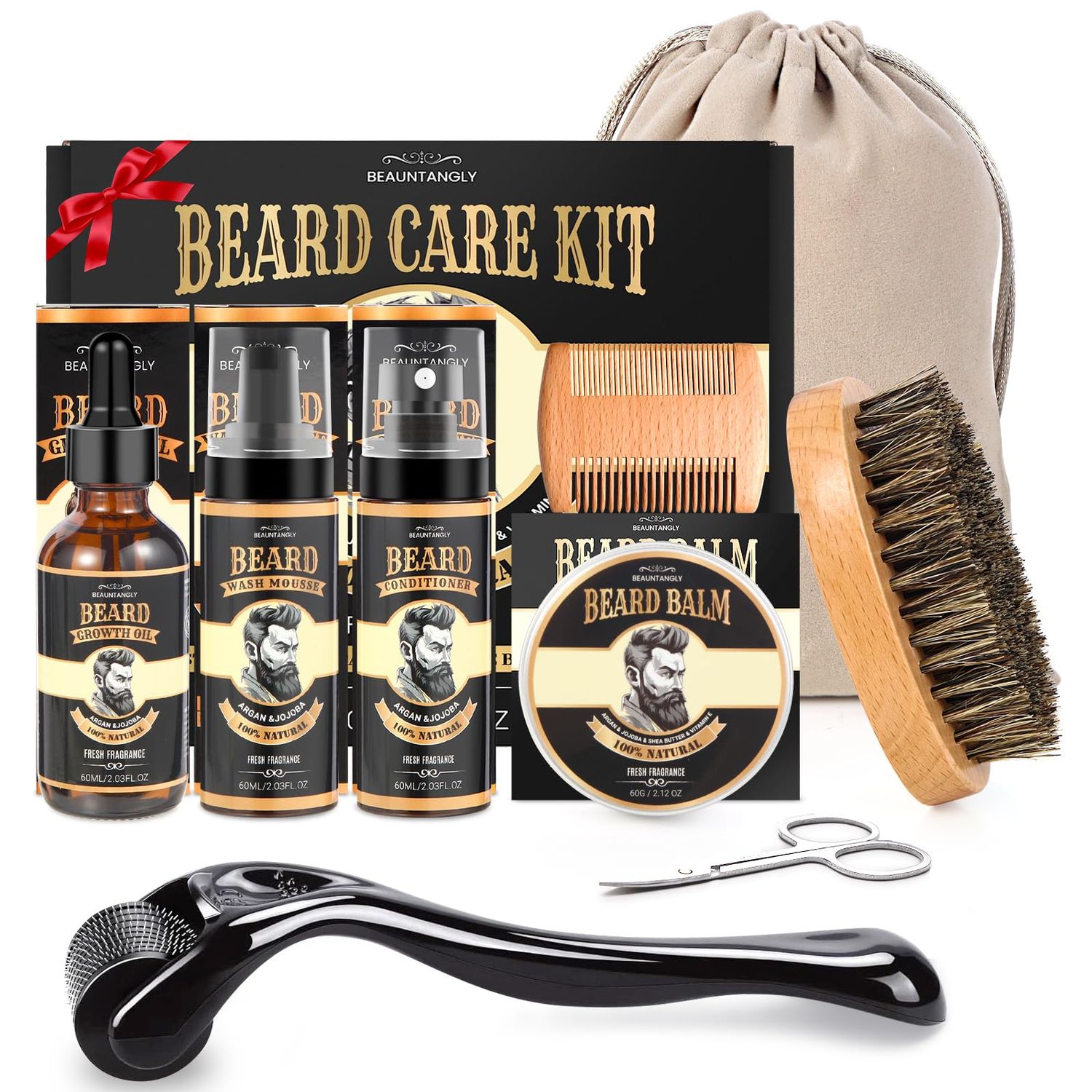 Beard Growth Kit, Beard Care Grooming Set wBeard Growth Oil, Conditioner, Balm, Shampoo Wash, 0.25MM Roller, Beard Brush, Comb, Scissor, Bag, Christmas Birthday Valentines Day Gifts for Him Men