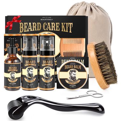 Beard Growth Kit, Beard Care Grooming Set wBeard Growth Oil, Conditioner, Balm, Shampoo Wash, 0.25MM Roller, Beard Brush, Comb, Scissor, Bag, Christmas Birthday Valentines Day Gifts for Him Men
