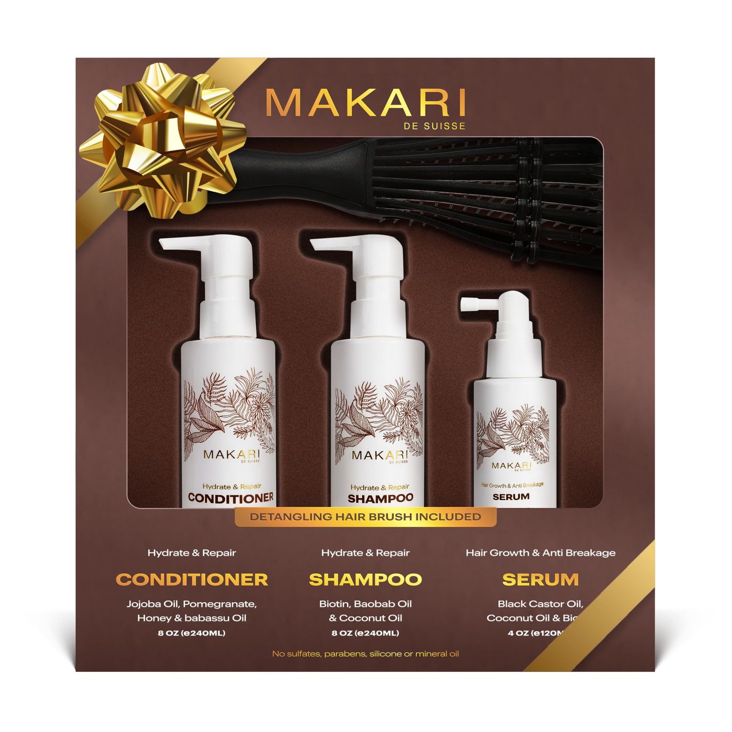 Makari Hair Care Set with Shampoo, Conditioner, Serum Hair Brush Nourishes Scalp, Strengthens Strands, Fights Dryness Adds Shine For All Types