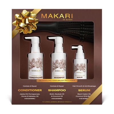 Makari Hair Care Set with Shampoo, Conditioner, Serum Hair Brush Nourishes Scalp, Strengthens Strands, Fights Dryness Adds Shine For All Types