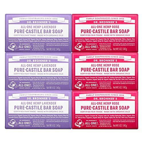 Dr. Bronner&#39;s - Pure-Castile Bar Soap, Rose 5 Ounce (3) and Lavender 5 Ounce (3) - Made with Organic Oils, For Face, Body and Hair, Gentle and Moisturizing, Biodegradable, Vegan, Cruelty-free, Non-GMO