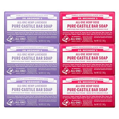 Dr. Bronner&#39;s - Pure-Castile Bar Soap, Rose 5 Ounce (3) and Lavender 5 Ounce (3) - Made with Organic Oils, For Face, Body and Hair, Gentle and Moisturizing, Biodegradable, Vegan, Cruelty-free, Non-GMO