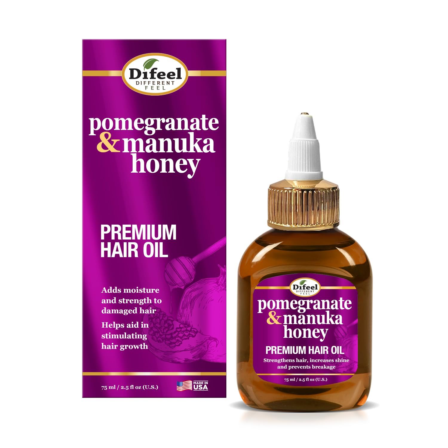 Difeel Pomegranate Manuka Honey Premium Hair Oil 2.5 oz. Travel Size - Growth Stimulating, Moisturizing Strengthening Hair Oil for Dry, Damaged Hair