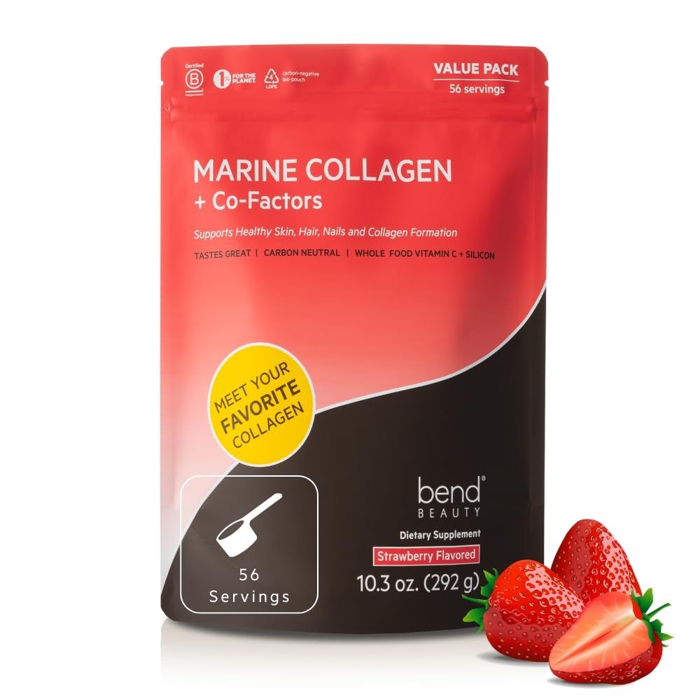Bend Marine Collagen Co-Factors Strawberry Flavored Collagen Powder Hydrolyzed Collagen Supplement Fish Collagen Peptides Silicon Vitamin C Supports Healthy Skin, Hair Nails