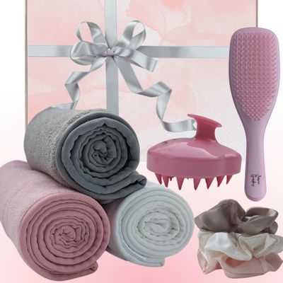 Jarvin Gardens Hair Care Gift Set: Detangler Brush, 3 Microfiber Hair Towels, 3 Satin Scrunchies, Scalp Massager Shampoo Brush - For Curly Girl or Straight Hair, Pink