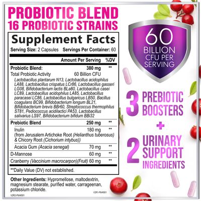 Probiotics for Women 60 Billion CFU, 16 Strains for pH Balance, Vaginal Digestive Support, Womens Probiotic and Prebiotic Cranberry for Gut, Urinary Immune Support, Shelf Stable - 120 Capsules
