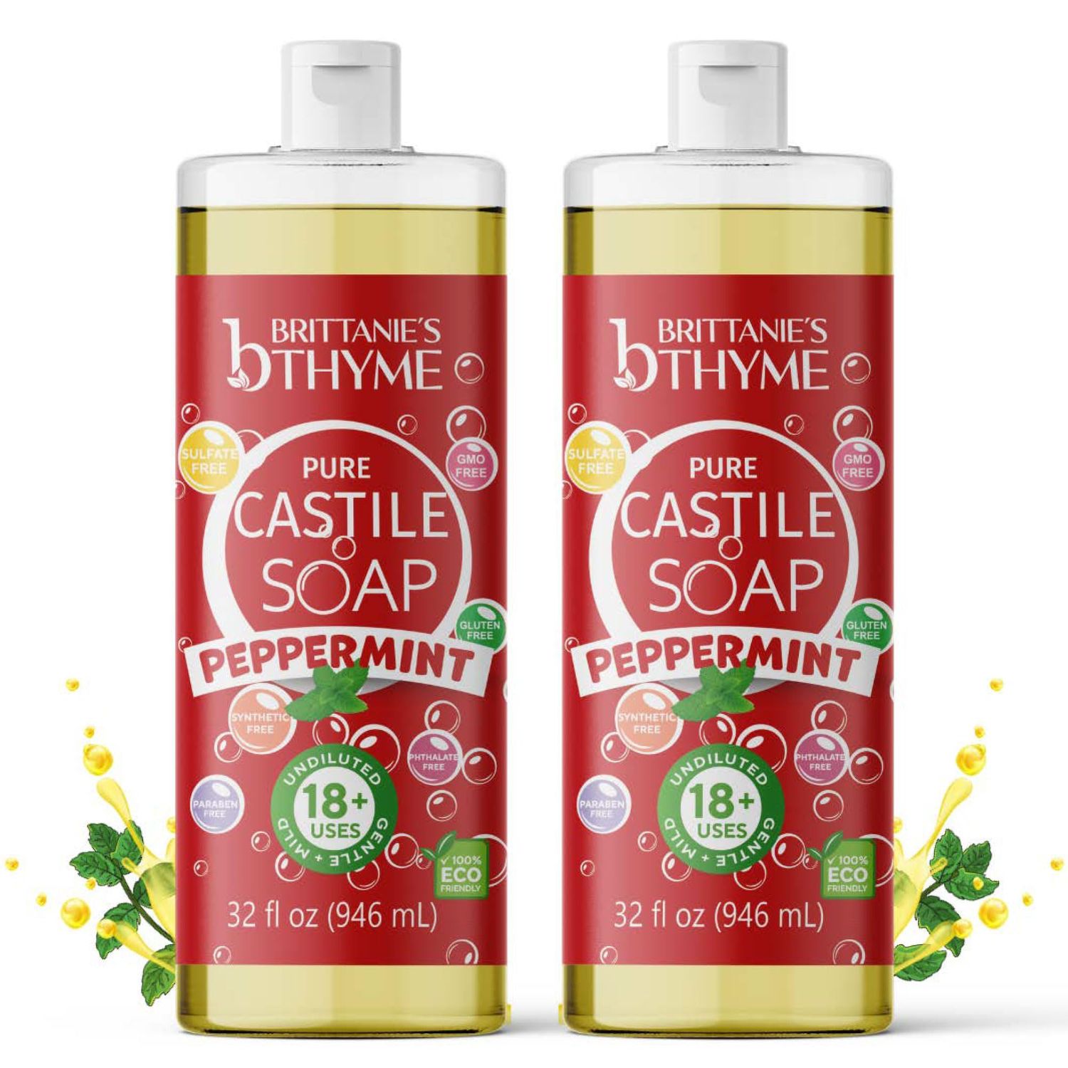 Brittanies Pure Castile Liquid Soap Refill, Peppermint, 32 Ounce Pack of 2 Dish Soap, Hair Body, Home, Gentle and Pure, Made with Natural Luxurious Oils, Vegan Gluten Free Non-GMO