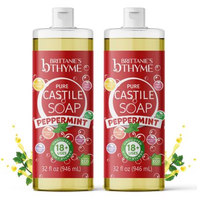 Brittanies Pure Castile Liquid Soap Refill, Peppermint, 32 Ounce Pack of 2 Dish Soap, Hair Body, Home, Gentle and Pure, Made with Natural Luxurious Oils, Vegan Gluten Free Non-GMO