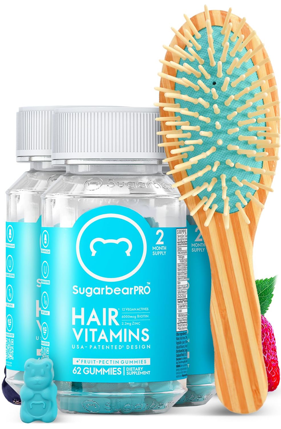Sugarbear Gentle Detangling Bamboo Hair Brush Vegan Hair Vitamin Gummies 6 Month Supply, Extra Strength Biotin 6000mcg for Supporting Healthy Straight, Wavy, Curly Kinky Hair