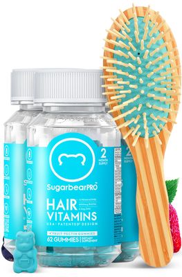 Sugarbear Gentle Detangling Bamboo Hair Brush Vegan Hair Vitamin Gummies 6 Month Supply, Extra Strength Biotin 6000mcg for Supporting Healthy Straight, Wavy, Curly Kinky Hair
