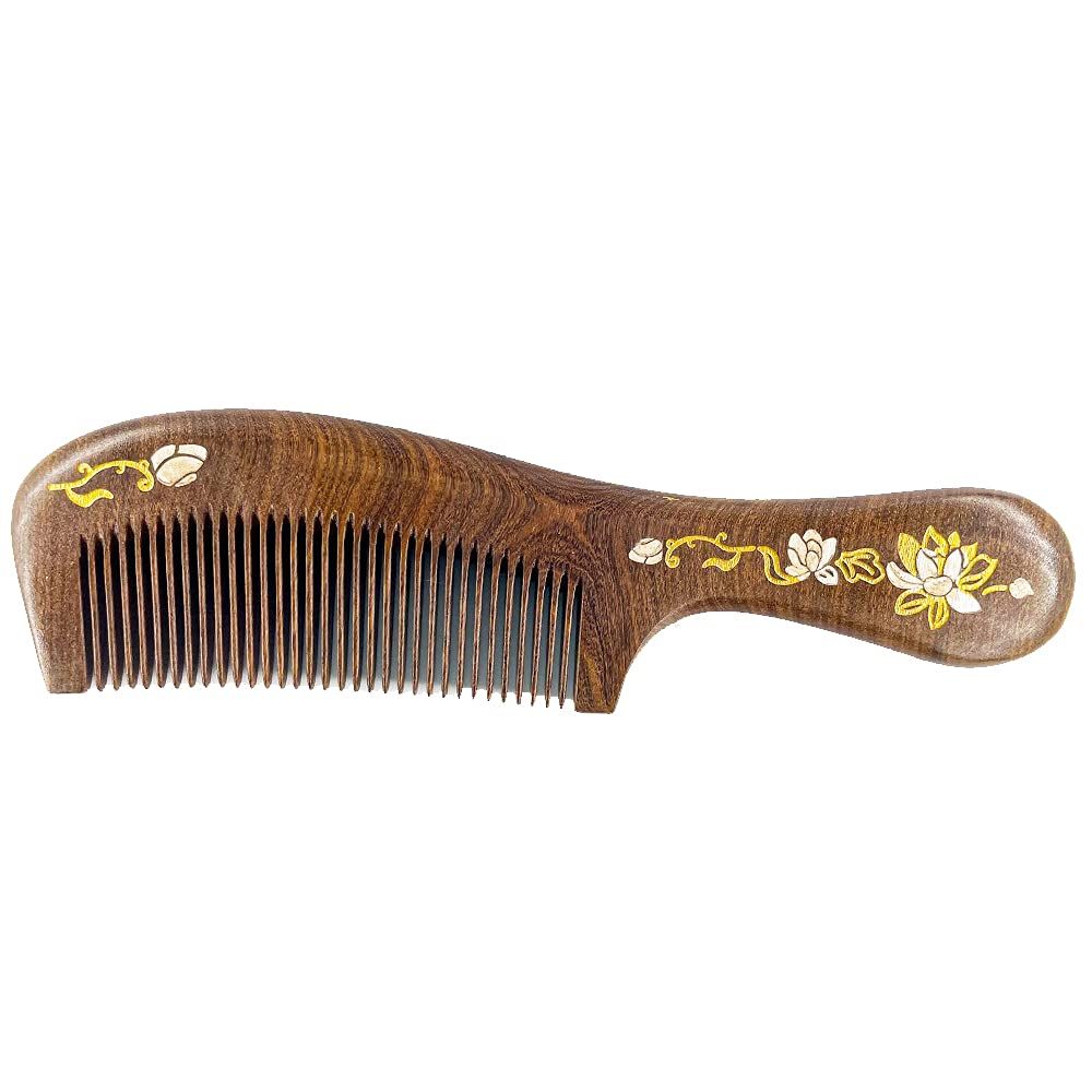 Sitronugras Handmade Wooden Comb, Fine Teeth Sandalwood Comb for Wavy hair, No Static Combs for Men Women ,Wooden Hair Comb with Handle