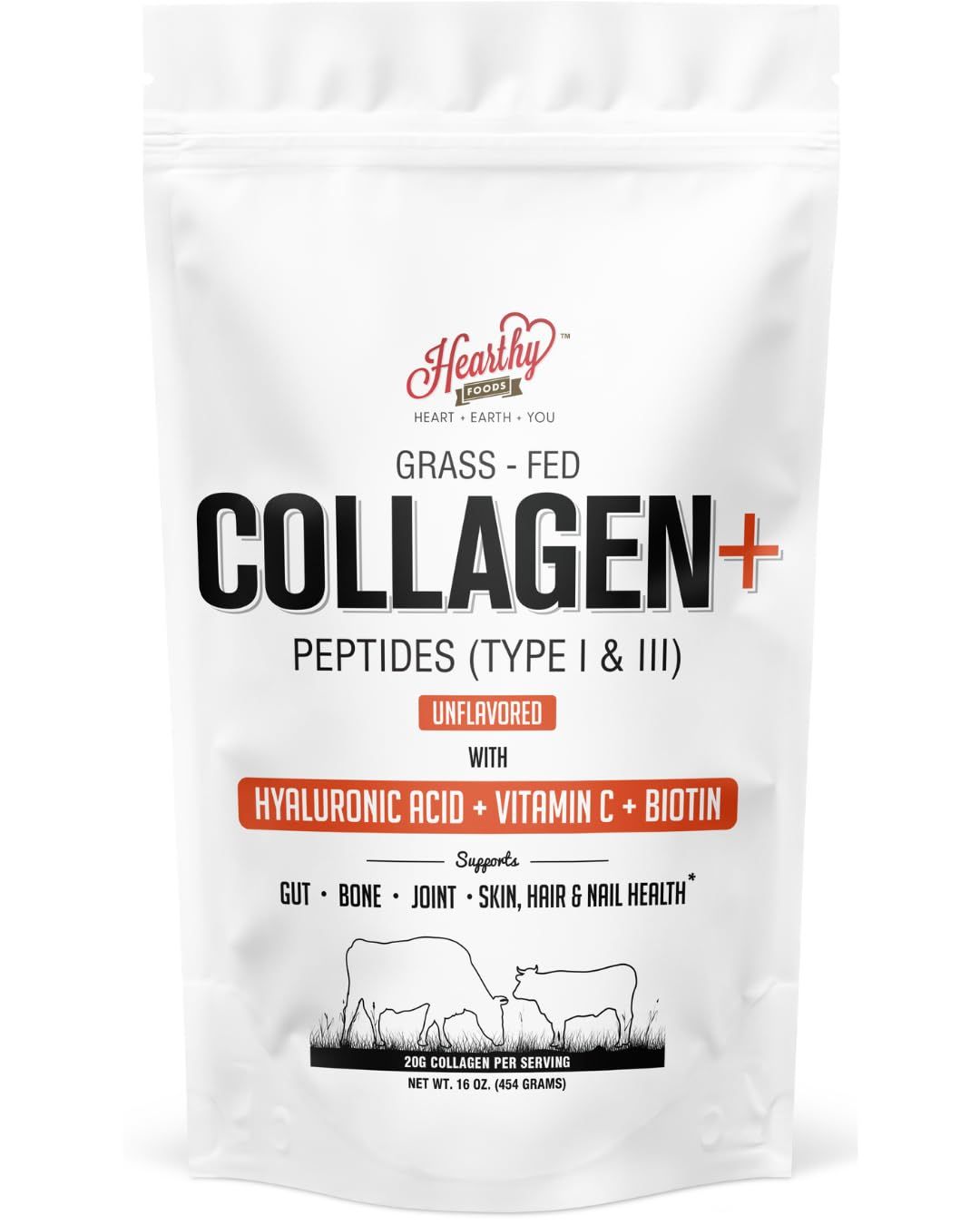 HEARTHY FOODS Collagen Powder - 18g Protein - Hydrolyzed Collagen Biotin Hyaluronic Acid Vitamin C Gluten Free No Sugar Non GMO 16 Oz