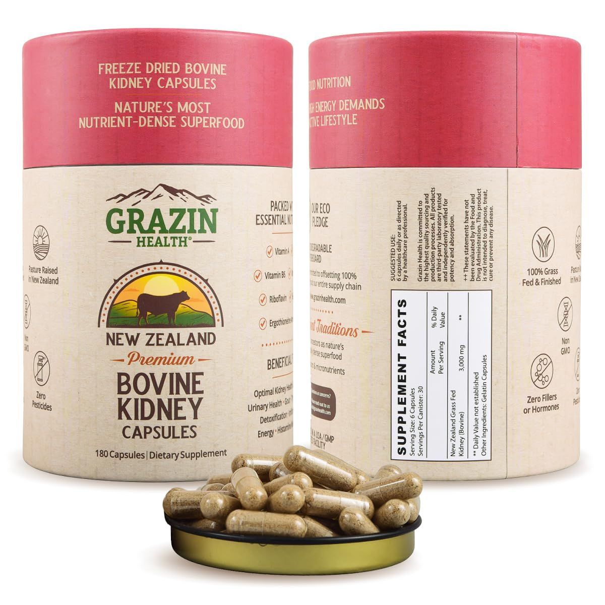 GRAZIN HEALTH Grass Fed Bovine Kidney: 3000 Mg per Serving (30 Servings)