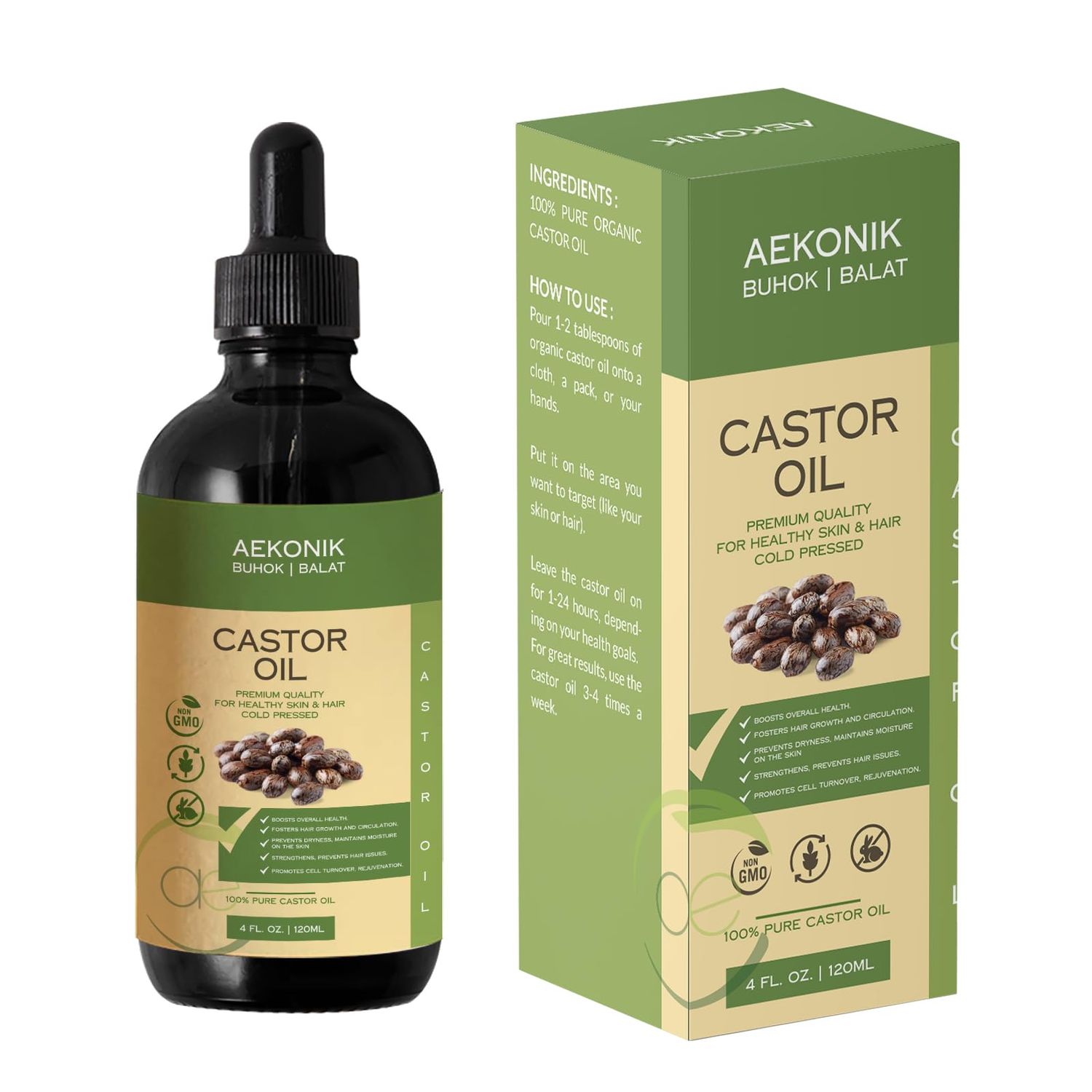Organic Cold Pressed Castor Oil - Promotes Hair Growth, Scalp Health Deep Moisturization - Pure Natural Healing Properties - Versatile Use for Hair, Skin Eyelash Growth 4fl oz (120 ml)