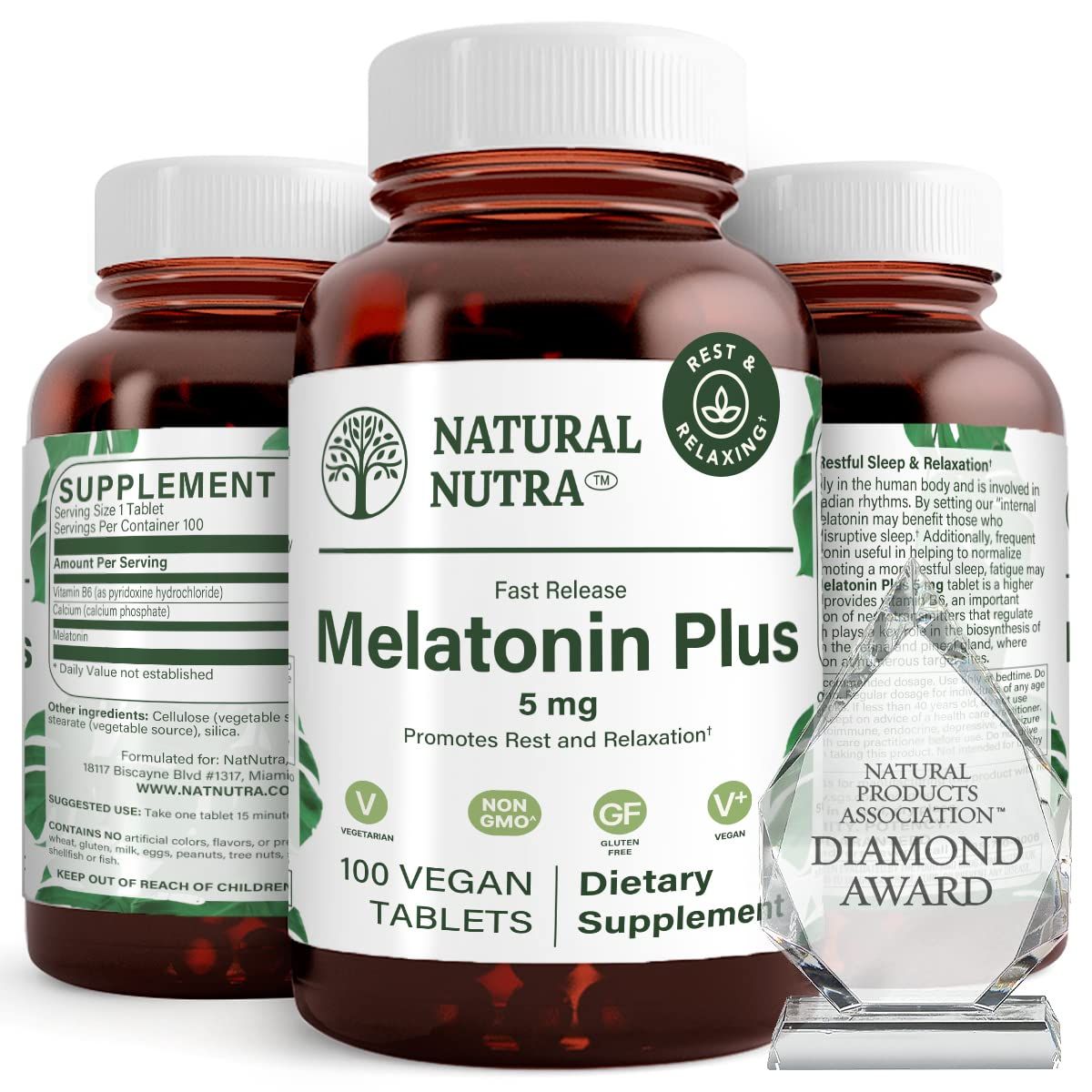 Natural Nutra Vegan Melatonin 5mg with Vitamin B6, Fast Dissolve, Melatonin with Calcium for Optimal Sleep, Promoting More Restful Sleep, Gluten Free, Non GMO, 100 Tablets