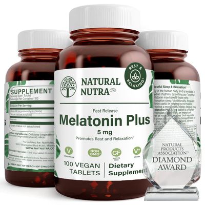 Natural Nutra Vegan Melatonin 5mg with Vitamin B6, Fast Dissolve, Melatonin with Calcium for Optimal Sleep, Promoting More Restful Sleep, Gluten Free, Non GMO, 100 Tablets