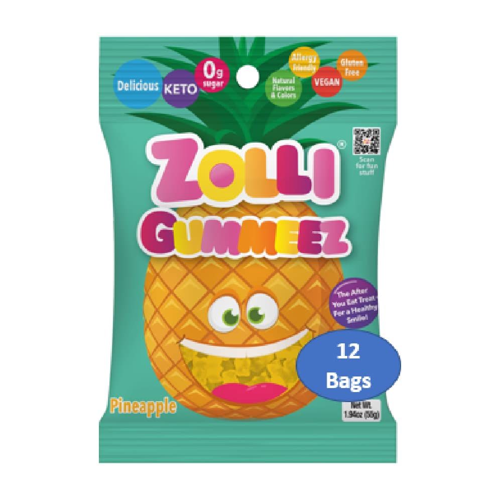 Zolli Gummies Pineapple - Delicious Zero Sugar, Allergy-Free, KETO, Vegan Clean Teeth Candy - 12 Packs of 1.94oz for Tasty and Dental-Friendly Indulgence