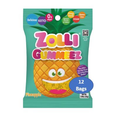 Zolli Gummies Pineapple - Delicious Zero Sugar, Allergy-Free, KETO, Vegan Clean Teeth Candy - 12 Packs of 1.94oz for Tasty and Dental-Friendly Indulgence