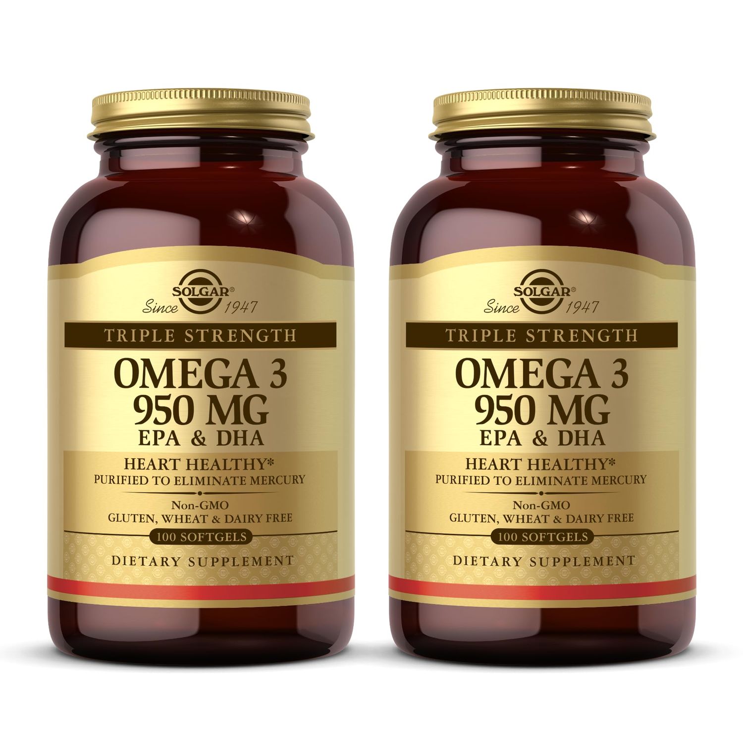Solgar Triple Strength Omega 3 950 mg - 100 Softgels, Pack of 2 - Supports Joint Skin Health - Non-GMO, Gluten Free, Dairy Free - 200 Total Servings