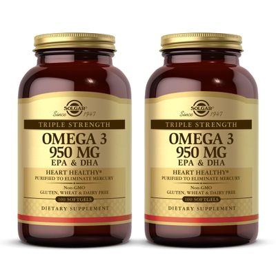 Solgar Triple Strength Omega 3 950 mg - 100 Softgels, Pack of 2 - Supports Joint Skin Health - Non-GMO, Gluten Free, Dairy Free - 200 Total Servings
