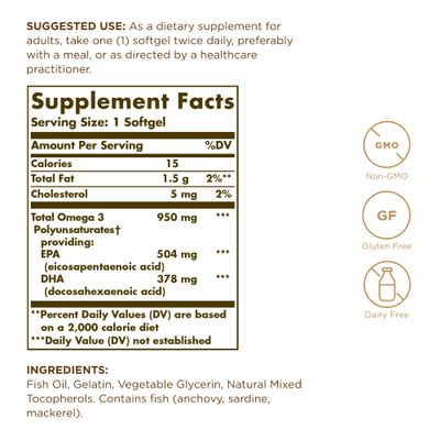 Solgar Triple Strength Omega 3 950 mg - 100 Softgels, Pack of 2 - Supports Joint Skin Health - Non-GMO, Gluten Free, Dairy Free - 200 Total Servings