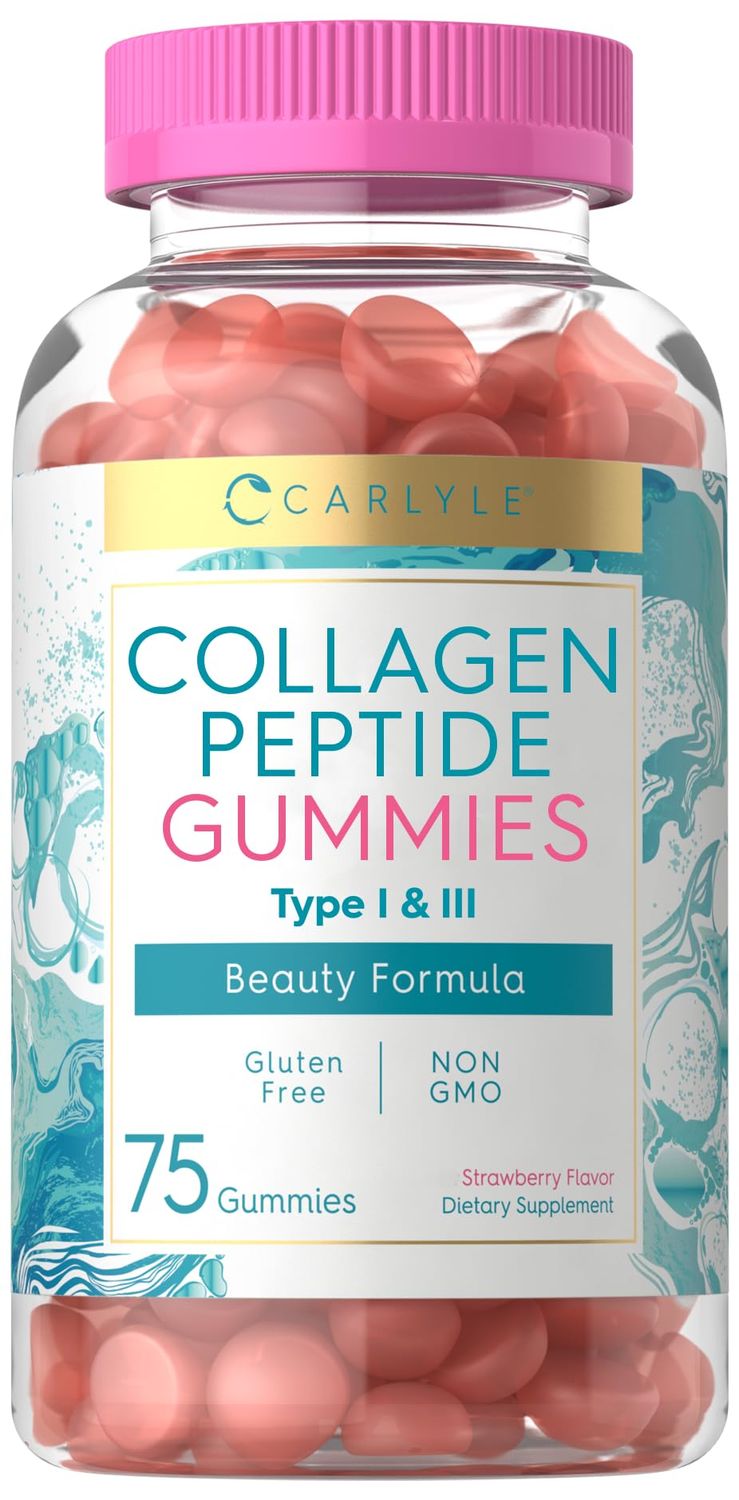 Carlyle Collagen Gummies Strawberry Flavor Beauty Supplement Hydrolyzed Collagen Peptides for Women Men Type 1 3 Non-GMO, Gluten Free