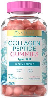 Carlyle Collagen Gummies Strawberry Flavor Beauty Supplement Hydrolyzed Collagen Peptides for Women Men Type 1 3 Non-GMO, Gluten Free