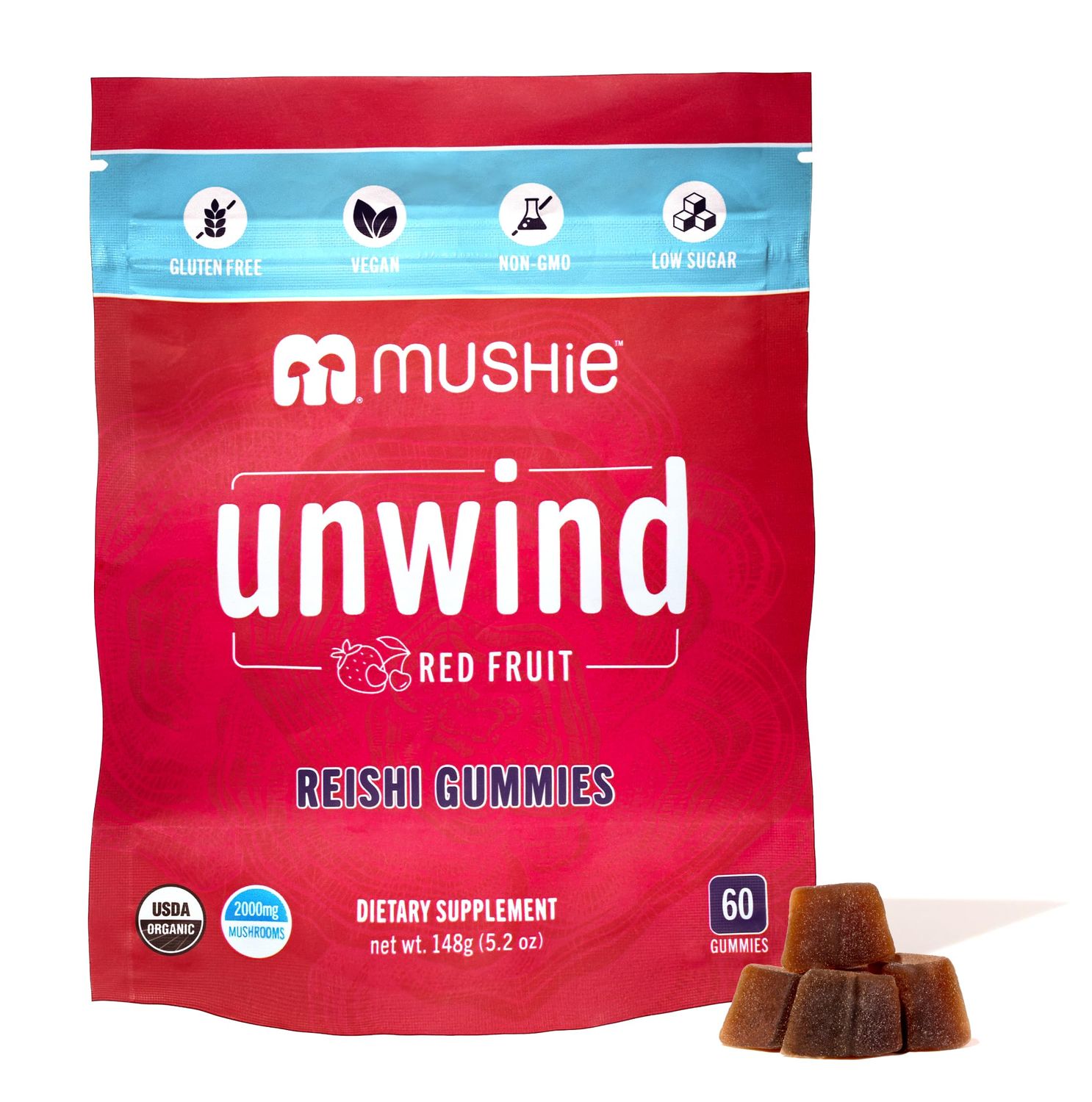 Mushie 100 Organic Reishi Mushroom Gummies - 2000mg Reishi Nootropic for Relaxation, Sleep, Cardiovascular Health Immune Support with Vitamin D - Vegan, Gluten-Free - 60 Count