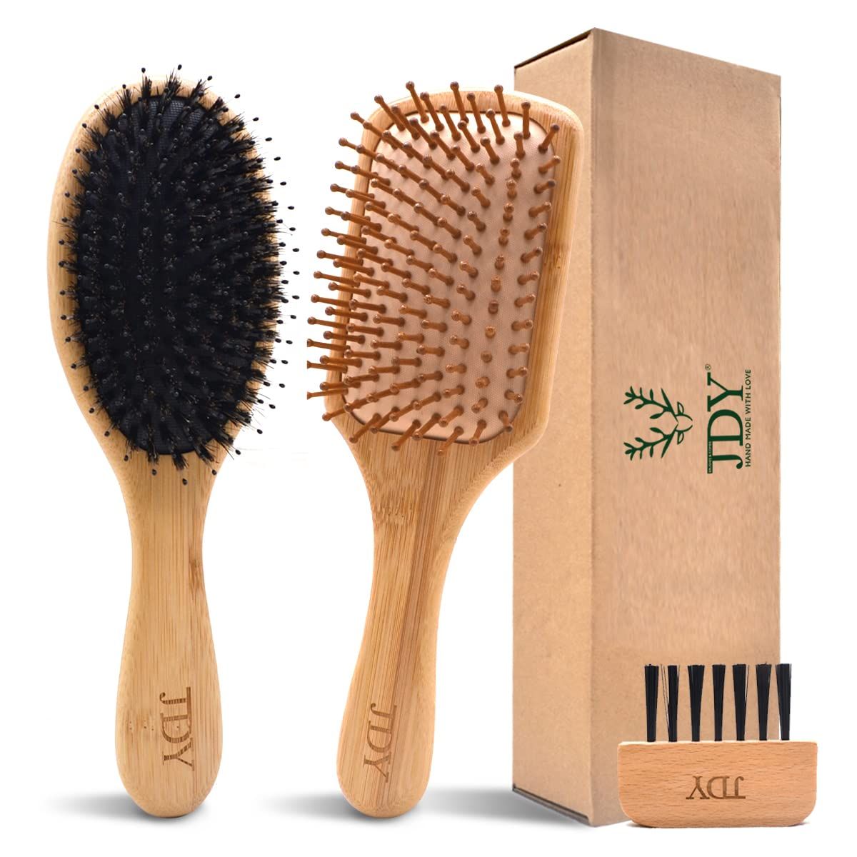 JDY Brush Boar Bristle Bamboo Hair Brush Set for Women Men and Kids With Short Long Curly Wavy Thick Hair Smoothing Frizzy Restore Shine