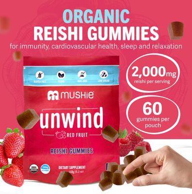 Mushie 100 Organic Reishi Mushroom Gummies - 2000mg Reishi Nootropic for Relaxation, Sleep, Cardiovascular Health Immune Support with Vitamin D - Vegan, Gluten-Free - 60 Count