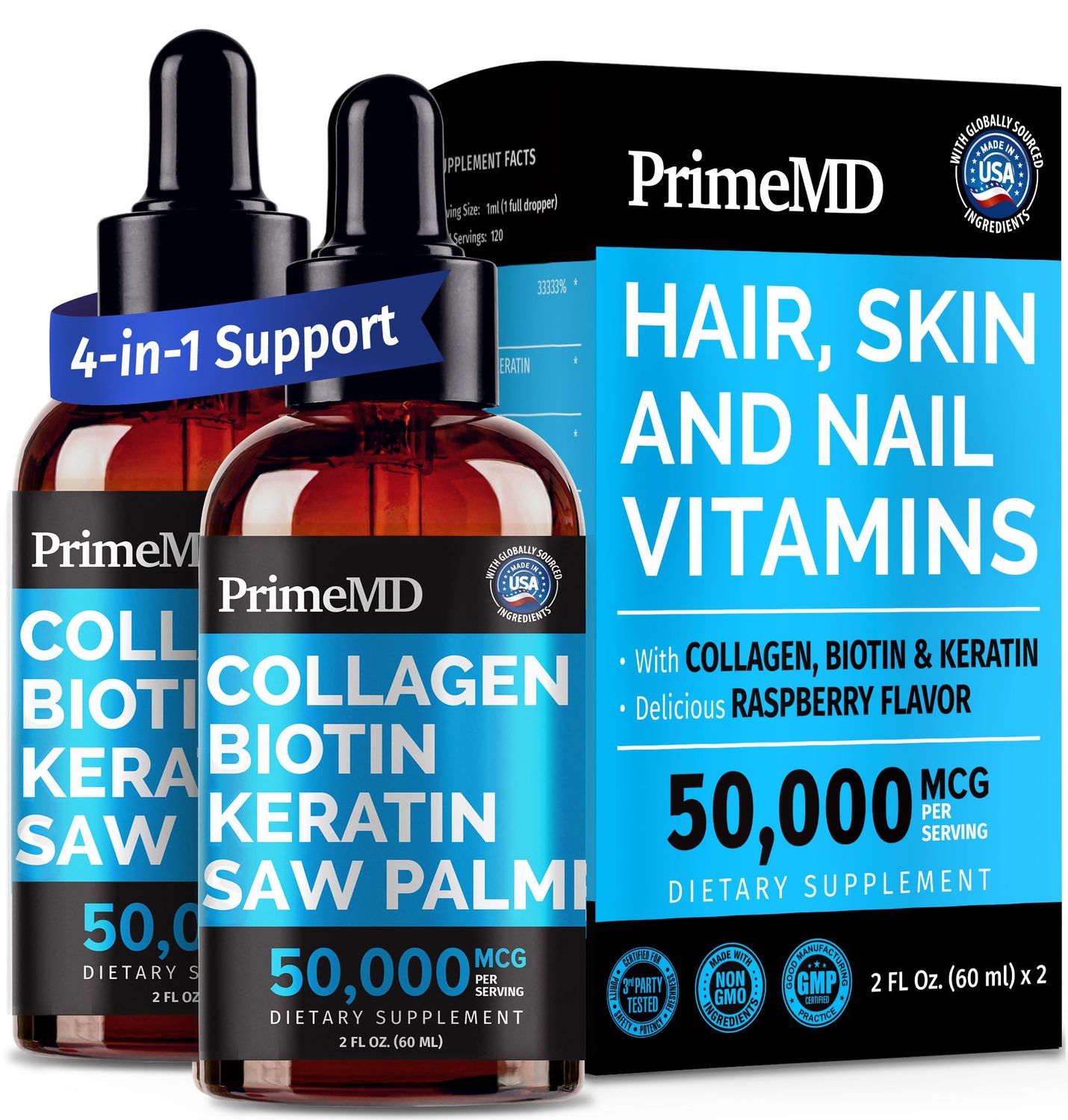 Liquid Collagen Peptides for Women - Serum Complex with Biotin Vitamin, Hydrolyzed Keratin Protein and Saw Palmetto - Comprehensive Formula for Hair, Skin, and Nails Wellness - 2fl oz (Pack of 2)