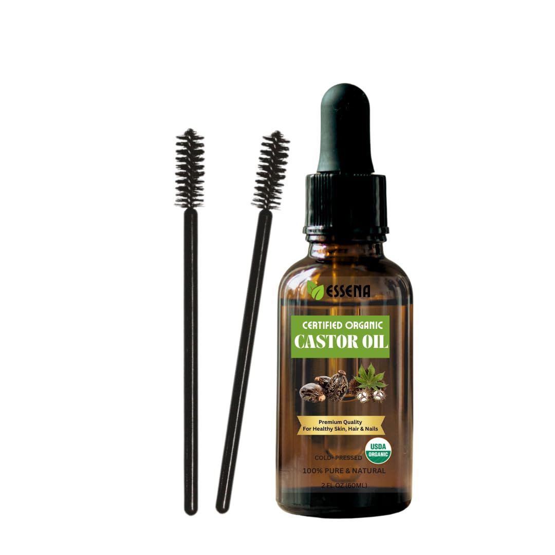 ESSENA Cosmetics Castor Oil (2oz), USDA Certified Organic, 100 Pure, Cold Pressed, Hexane Free. Stimulate Growth for Eyelashes, Eyebrows, Hair. Skin Moisturizer Hair Treatment Starter Kit