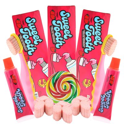 Edible Sour Toothbrush and Toothpaste, Fruit Flavored Gel with Hard Candies, Unique Noisemaking Candy, 1.12 Ounces (Pack of 3) (1.12 Ounces, Strawberry)