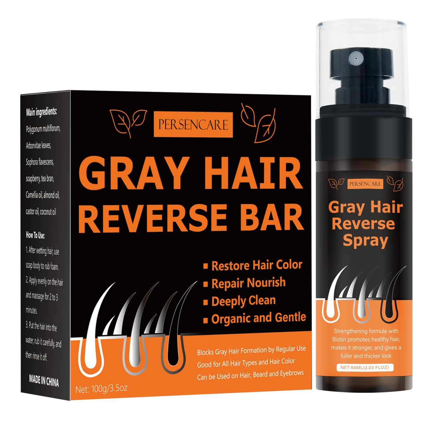 VAEYAE Gray Hair Reverse Bar Spray Sets, Men Women Cover Grey Hair Serum, Hair Thickening and Darkening Conditioner Soap, Natural Herbal Polygonum Ginger Castor Oil Extract Hair Growth Mist