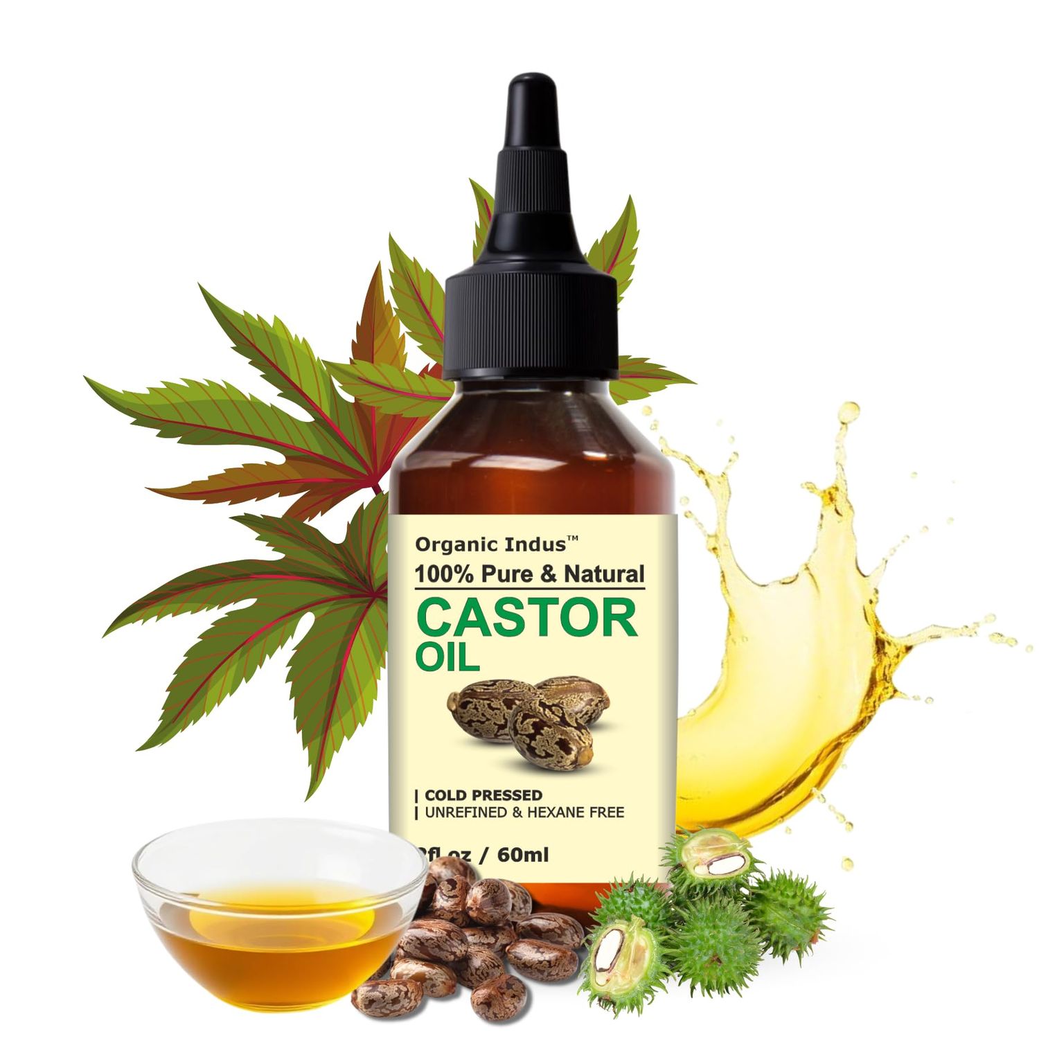 Organic Indus Castor Hair Growth Oil for Healthy, Thick and Black Hair, Scalp Massage, Skin Moisturizing, Eyelash Growth and Eyebrow Enhancer for Women and Men, 2 Ounce